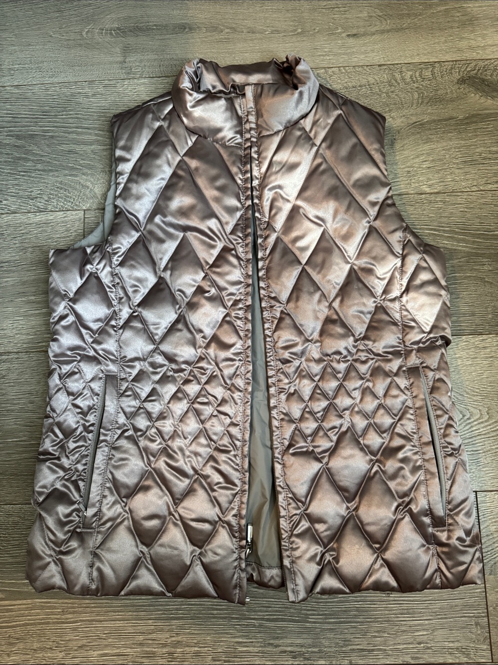 Lands' End Quilted Satin Sleeveless Vest - Taupe Brown